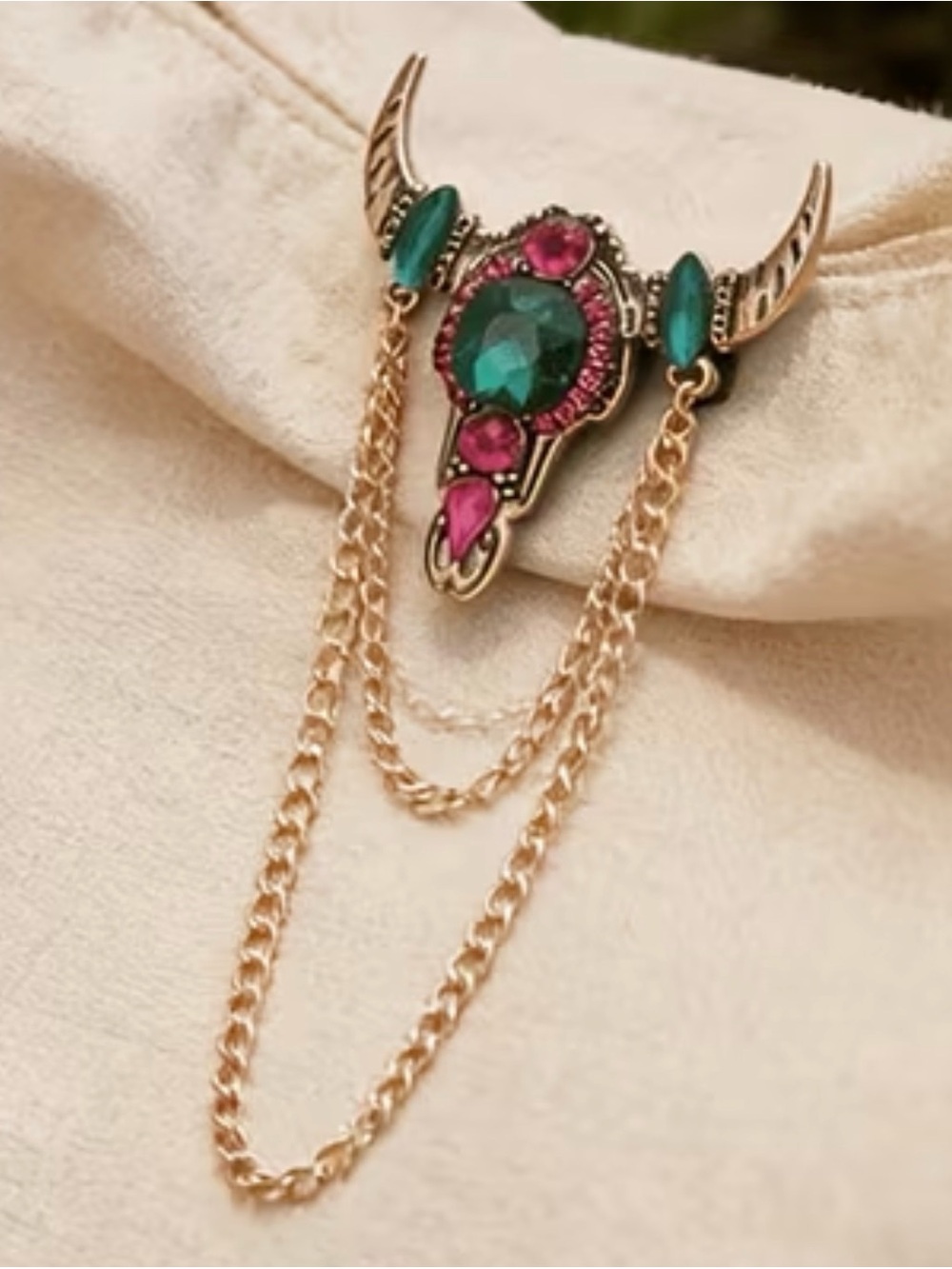 Western Brooch Gold-tone Longhorn Skull with Green and Pink Stones
